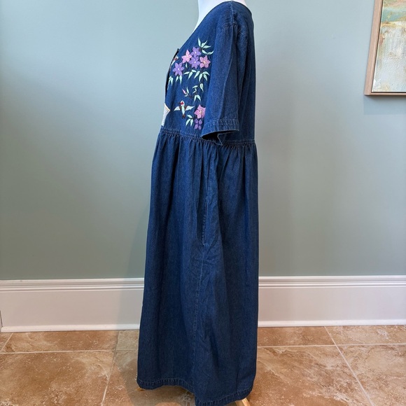 Vintage Denim Embroidered Grandmacore Hummingbird Maxi Dress Sz M - Picture 8 of 16